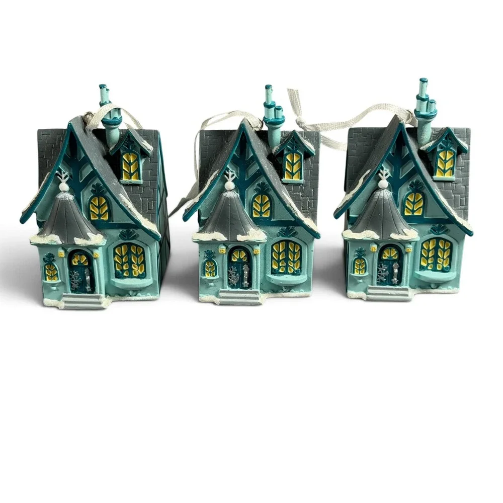 Set of 3 Winter Cottage Ornaments Christmas Holiday Village Decor